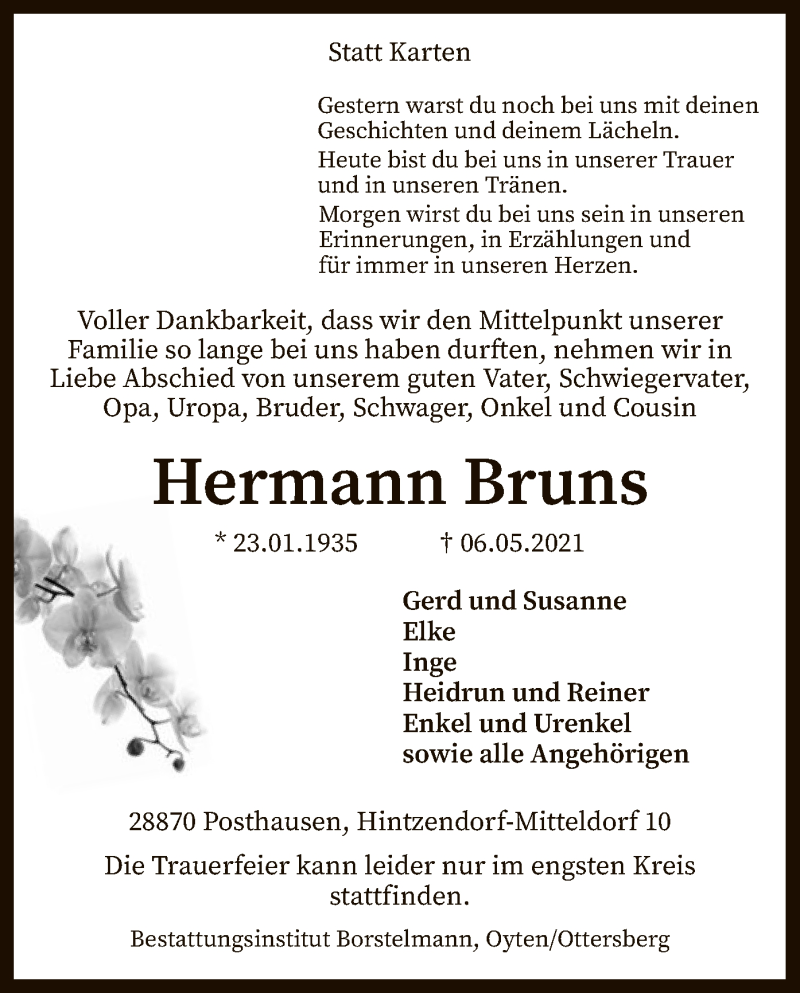  Traueranzeige für Hermann Bruns vom 11.05.2021 aus SYK