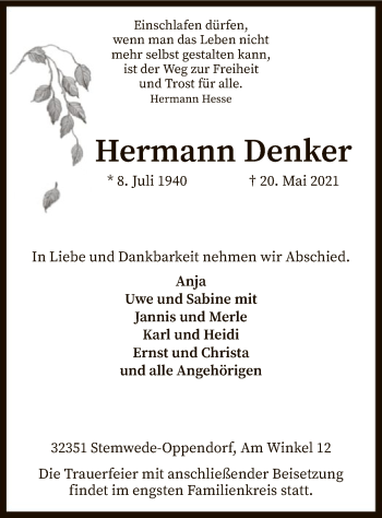 Traueranzeige von Hermann Denker von SYK