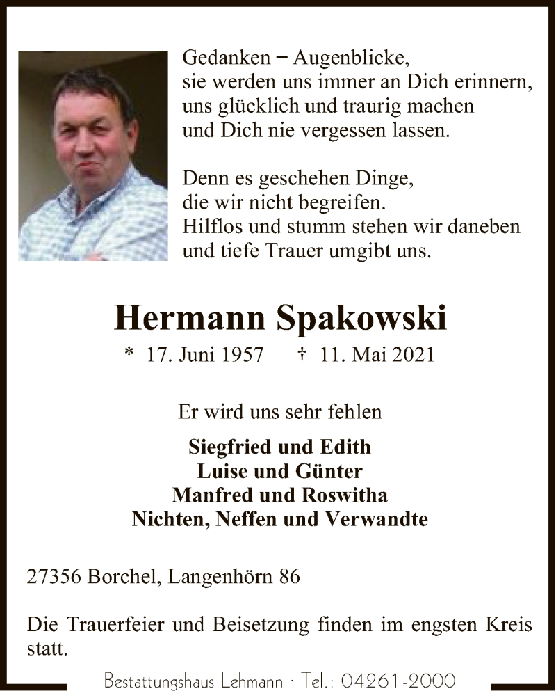  Traueranzeige für Hermann Spakowski vom 15.05.2021 aus SYK