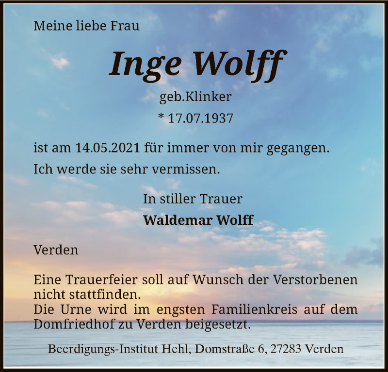  Traueranzeige für Inge Wolff vom 19.05.2021 aus SYK