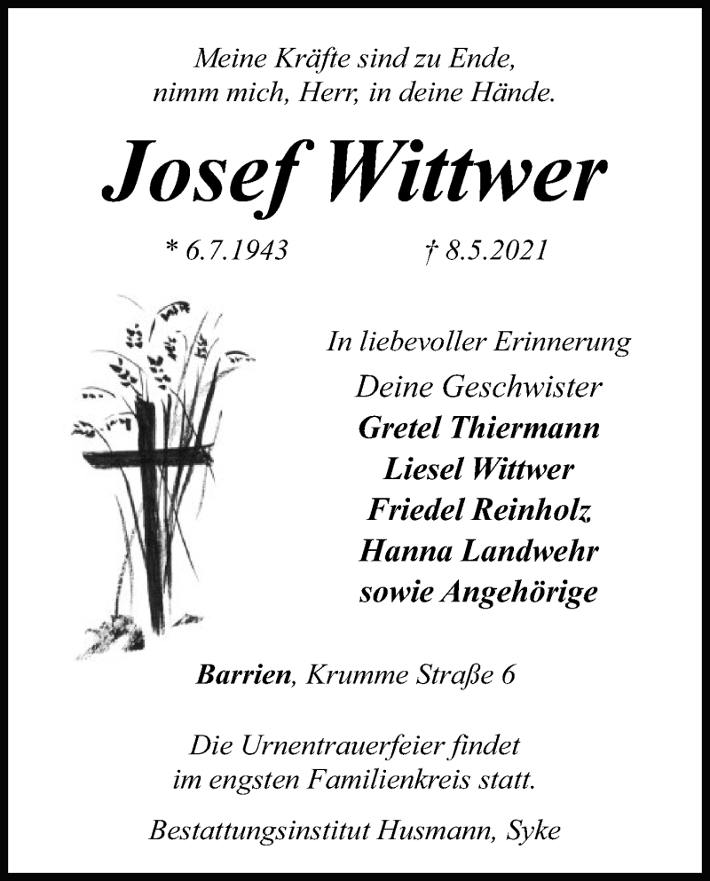  Traueranzeige für Josef Wittwer vom 22.05.2021 aus SYK