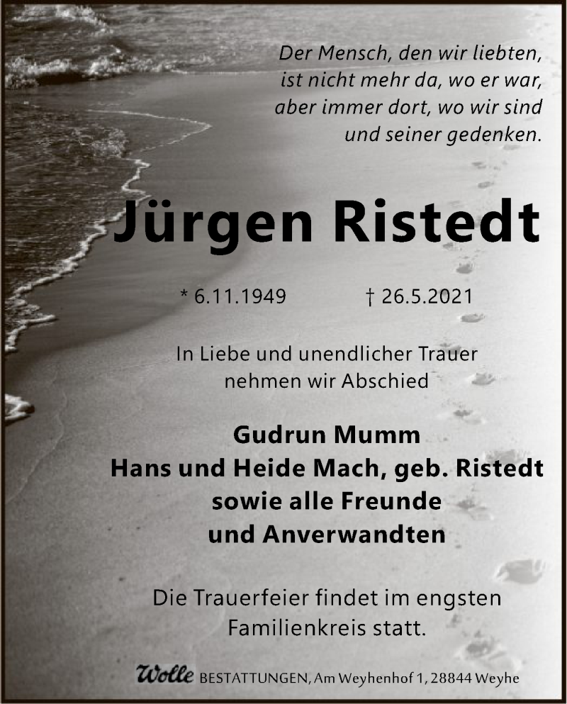  Traueranzeige für Jürgen Ristedt vom 29.05.2021 aus SYK