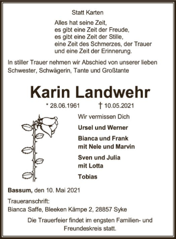 Traueranzeige von Karin Landwehr von SYK