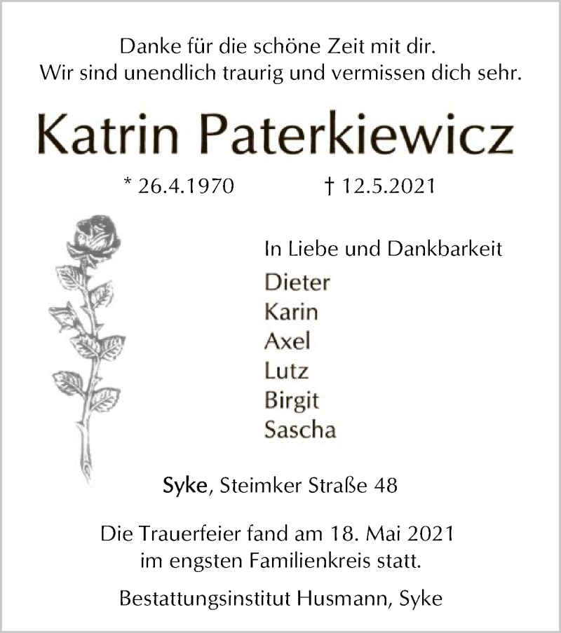 Traueranzeige für Katrin Paterkiewicz vom 19.05.2021 aus SYK