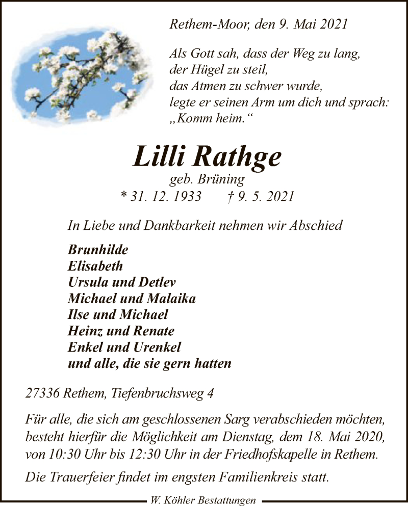  Traueranzeige für Lilli Rathge vom 12.05.2021 aus SYK