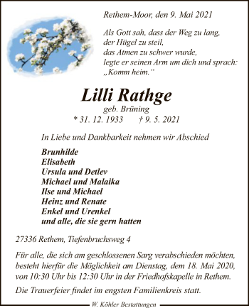 Traueranzeige von Lilli Rathge von SYK