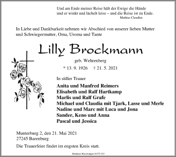 Traueranzeige von Lilly Brockmann von SYK