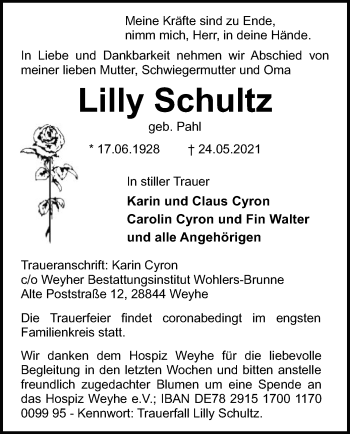 Traueranzeige von Lilly Schultz von SYK