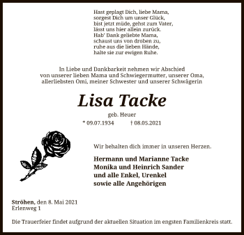 Traueranzeige von Lisa Tacke von SYK