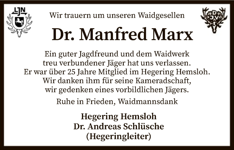  Traueranzeige für Manfred Marx vom 12.05.2021 aus SYK