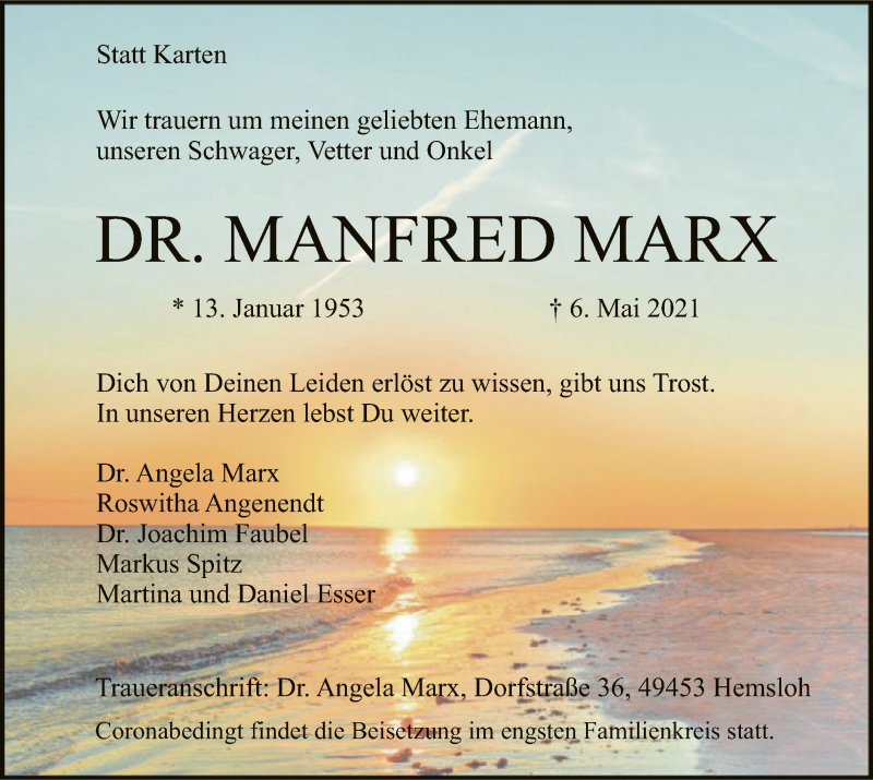  Traueranzeige für Manfred Marx vom 12.05.2021 aus SYK