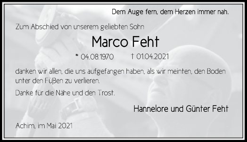  Traueranzeige für Marco Feht vom 15.05.2021 aus SYK
