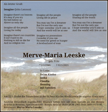 Traueranzeige von Merve-Maria Leeske von SYK