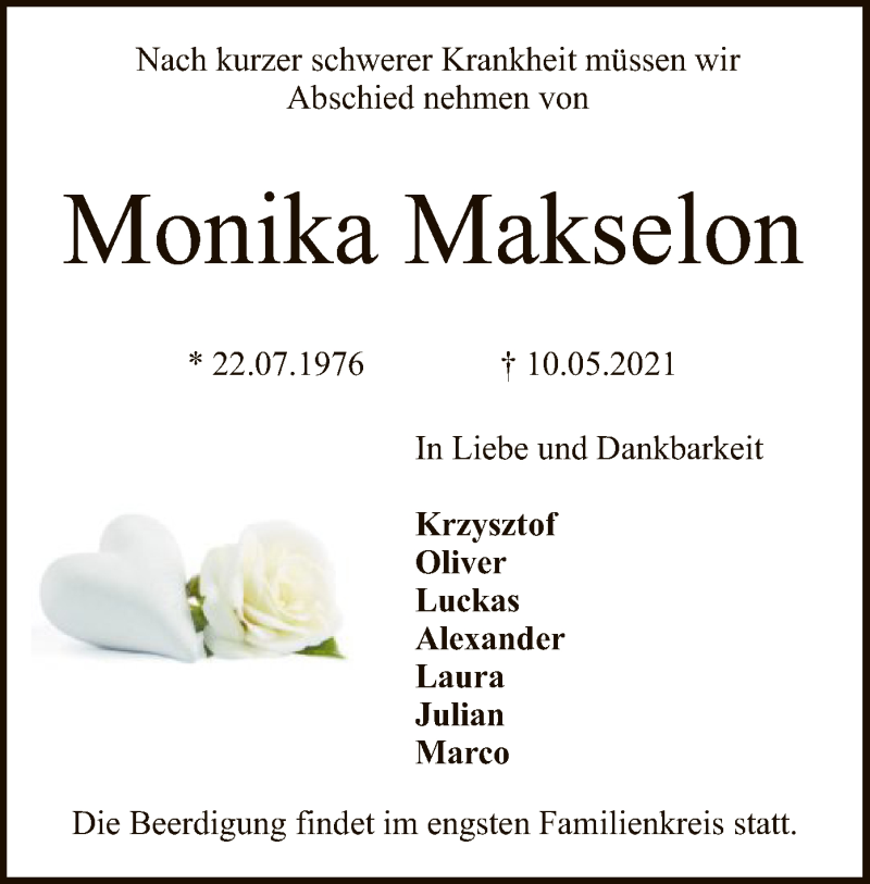 Traueranzeige für Monika Makselon vom 12.05.2021 aus SYK