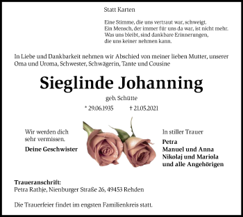 Traueranzeige von Sieglinde Johanning von SYK