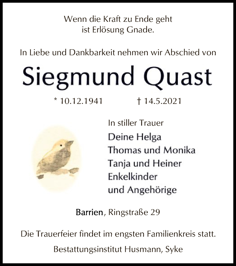  Traueranzeige für Siegmund Quast vom 18.05.2021 aus SYK