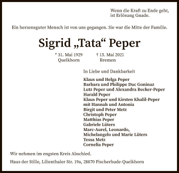 Traueranzeige von Sigrid Peper von SYK