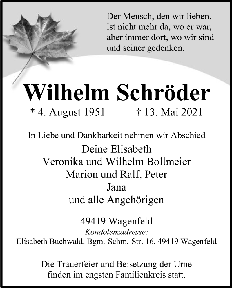  Traueranzeige für Wilhelm Schröder vom 15.05.2021 aus SYK