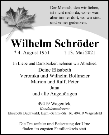 Traueranzeige von Wilhelm Schröder von SYK