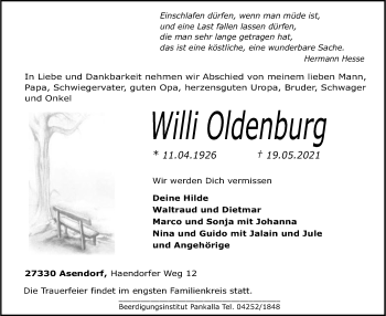 Traueranzeige von Willi Oldenburg von SYK