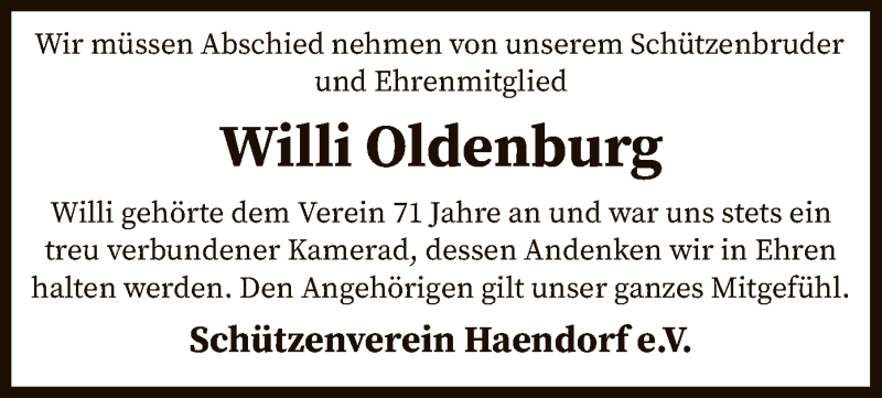  Traueranzeige für Willi Oldenburg vom 22.05.2021 aus SYK