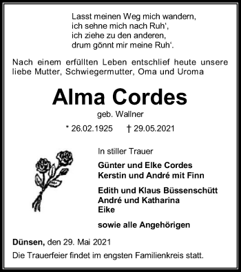 Traueranzeige von Alma Cordes von SYK