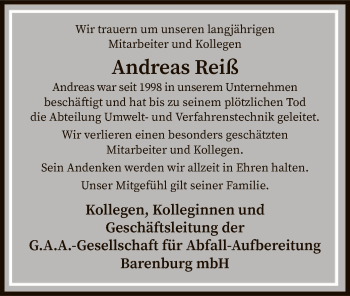 Traueranzeige von Andreas Reiß von SYK