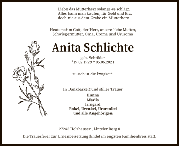 Traueranzeige von Anita Schlichte von SYK