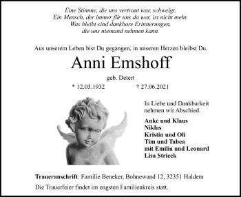 Traueranzeige von Anni Emshoff von SYK