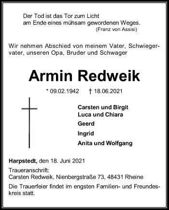 Traueranzeige von Armin Redweik von SYK