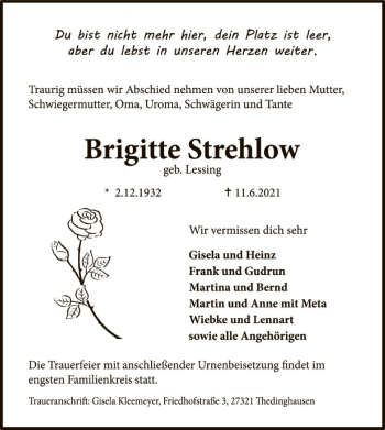 Traueranzeige von Brigitte Strehlow von SYK