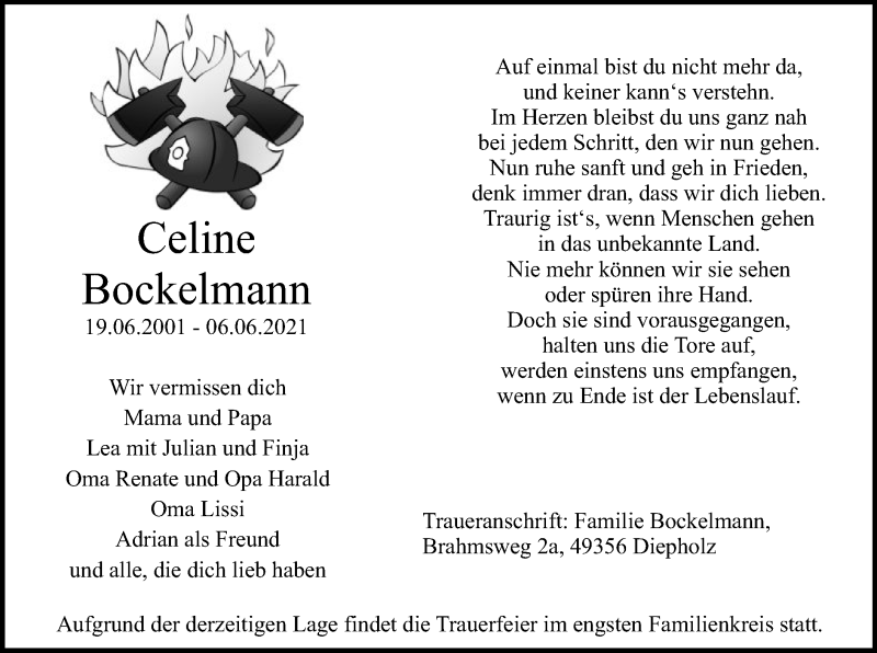  Traueranzeige für Celine Bockelmann vom 09.06.2021 aus SYK