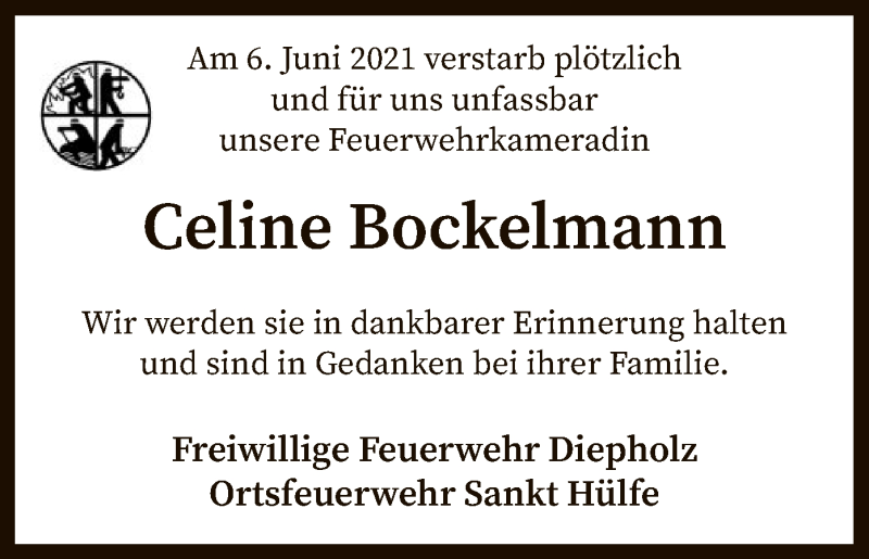  Traueranzeige für Celine Bockelmann vom 12.06.2021 aus SYK