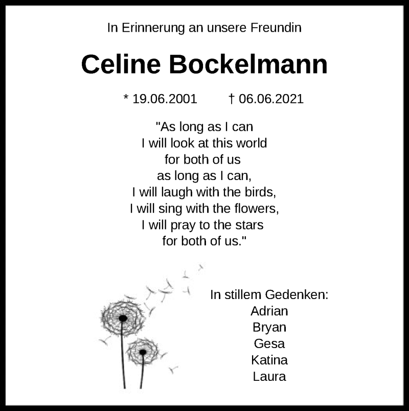  Traueranzeige für Celine Bockelmann vom 15.06.2021 aus SYK