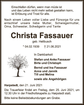 Traueranzeige von Christa Fassauer von SYK