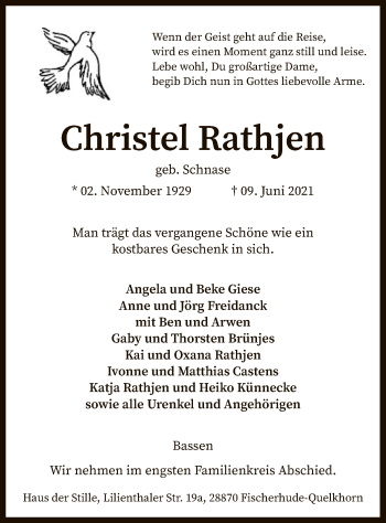 Traueranzeige von Christel Rathjen von SYK