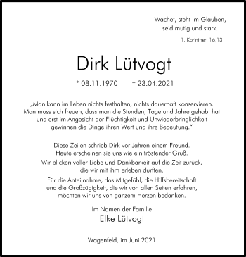 Traueranzeige von Dirk Lütvogt von SYK