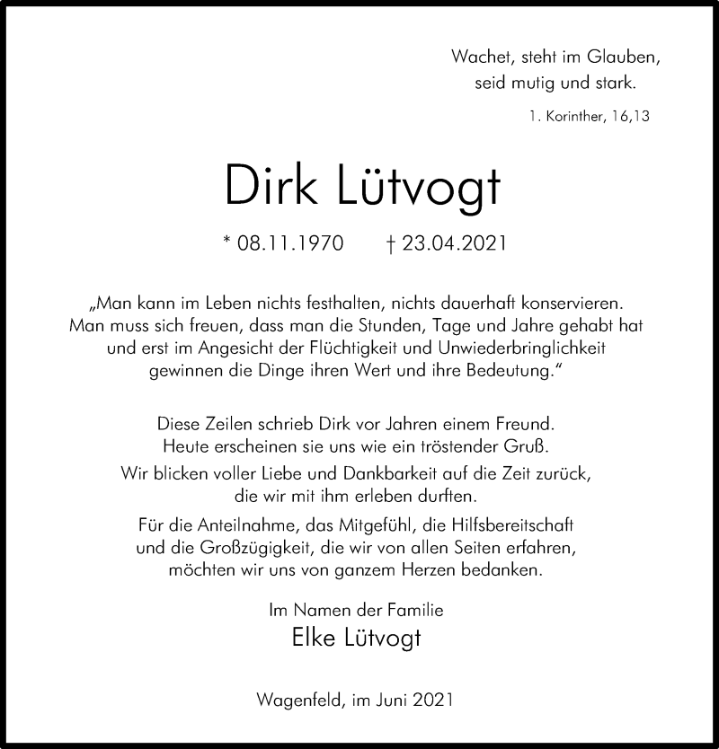  Traueranzeige für Dirk Lütvogt vom 19.06.2021 aus SYK