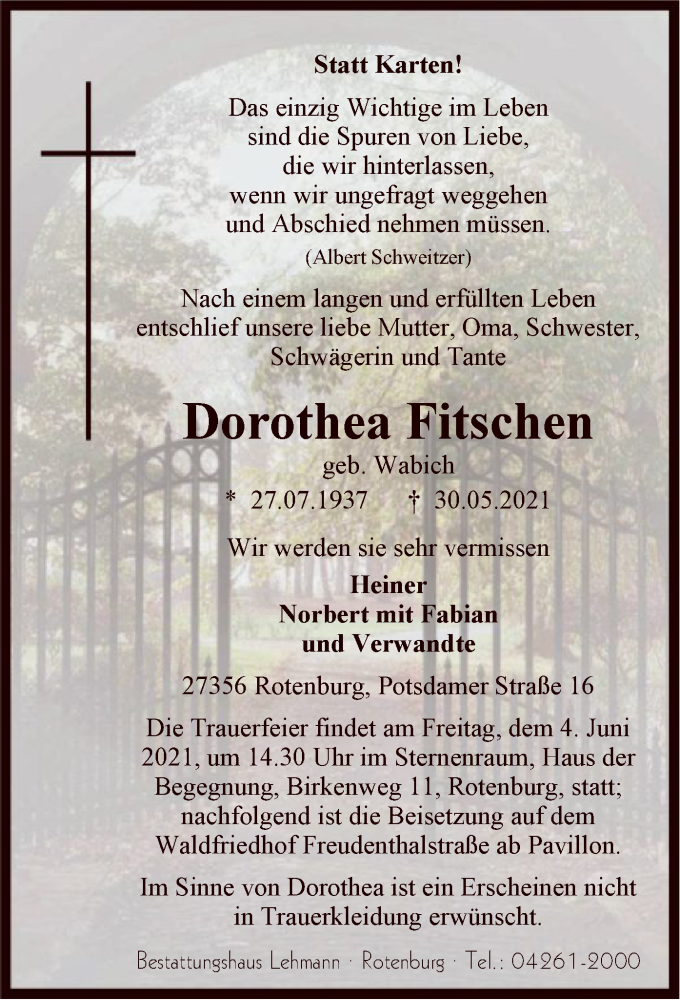  Traueranzeige für Dorothea Fitschen vom 02.06.2021 aus SYK