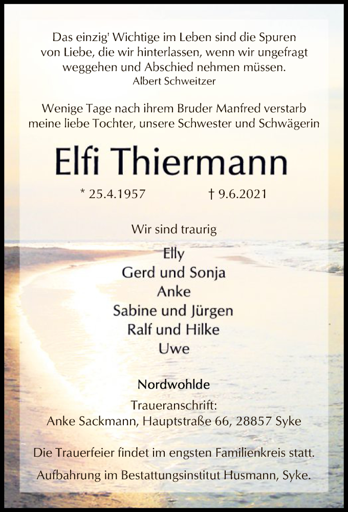  Traueranzeige für Elfi Thiermann vom 12.06.2021 aus SYK