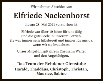 Traueranzeige von Elfriede Nackenhorst von SYK