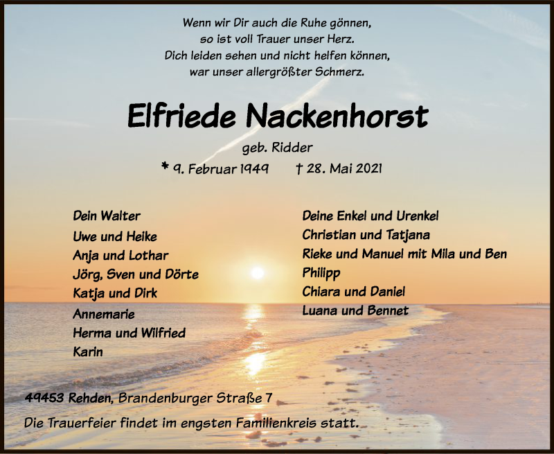  Traueranzeige für Elfriede Nackenhorst vom 01.06.2021 aus SYK