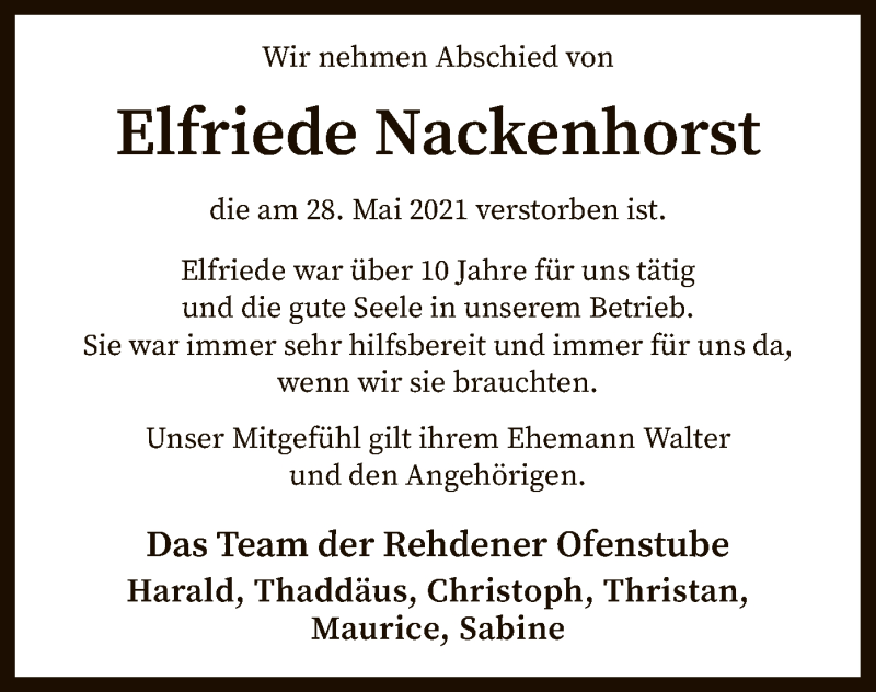  Traueranzeige für Elfriede Nackenhorst vom 03.06.2021 aus SYK