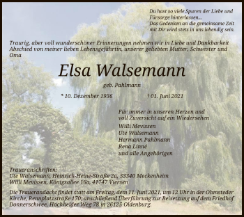 Traueranzeige von Elsa Walsemann von SYK