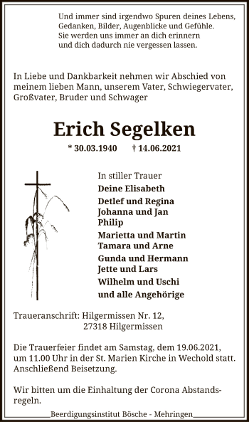 Traueranzeige von Erich Segelken von SYK