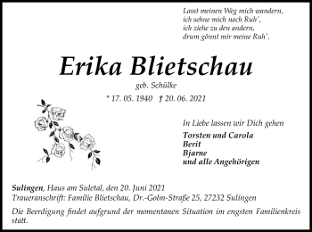 Traueranzeige von Erika Blietschau von SYK