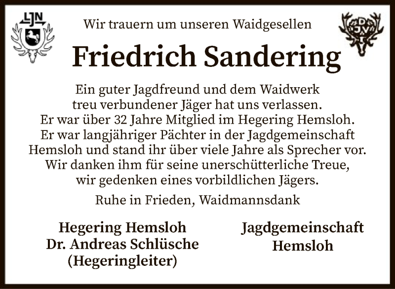  Traueranzeige für Friedrich Sandering vom 02.06.2021 aus SYK