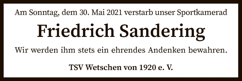  Traueranzeige für Friedrich Sandering vom 04.06.2021 aus SYK