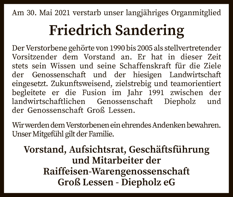  Traueranzeige für Friedrich Sandering vom 03.06.2021 aus SYK