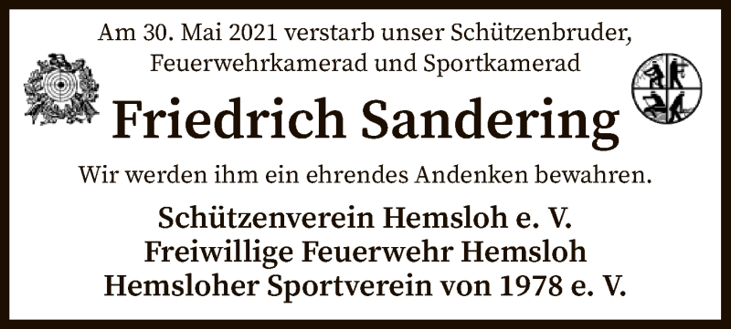  Traueranzeige für Friedrich Sandering vom 04.06.2021 aus SYK